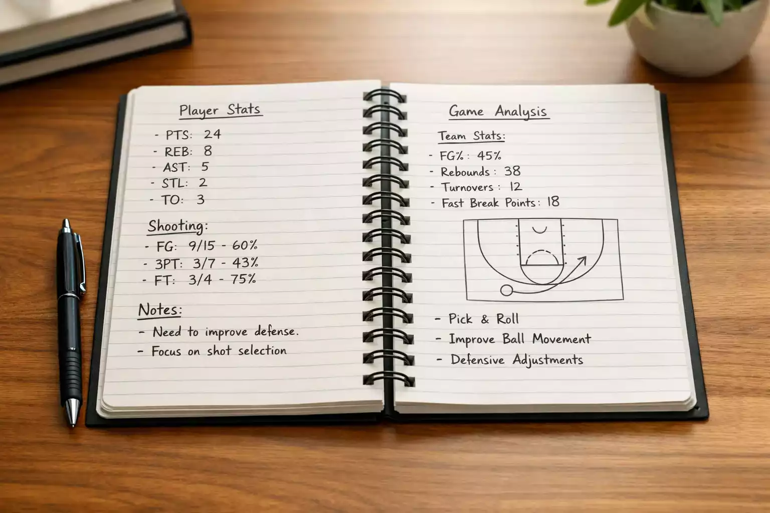 Notizbuch mit handgeschriebenen Basketball-Analysen und Stift