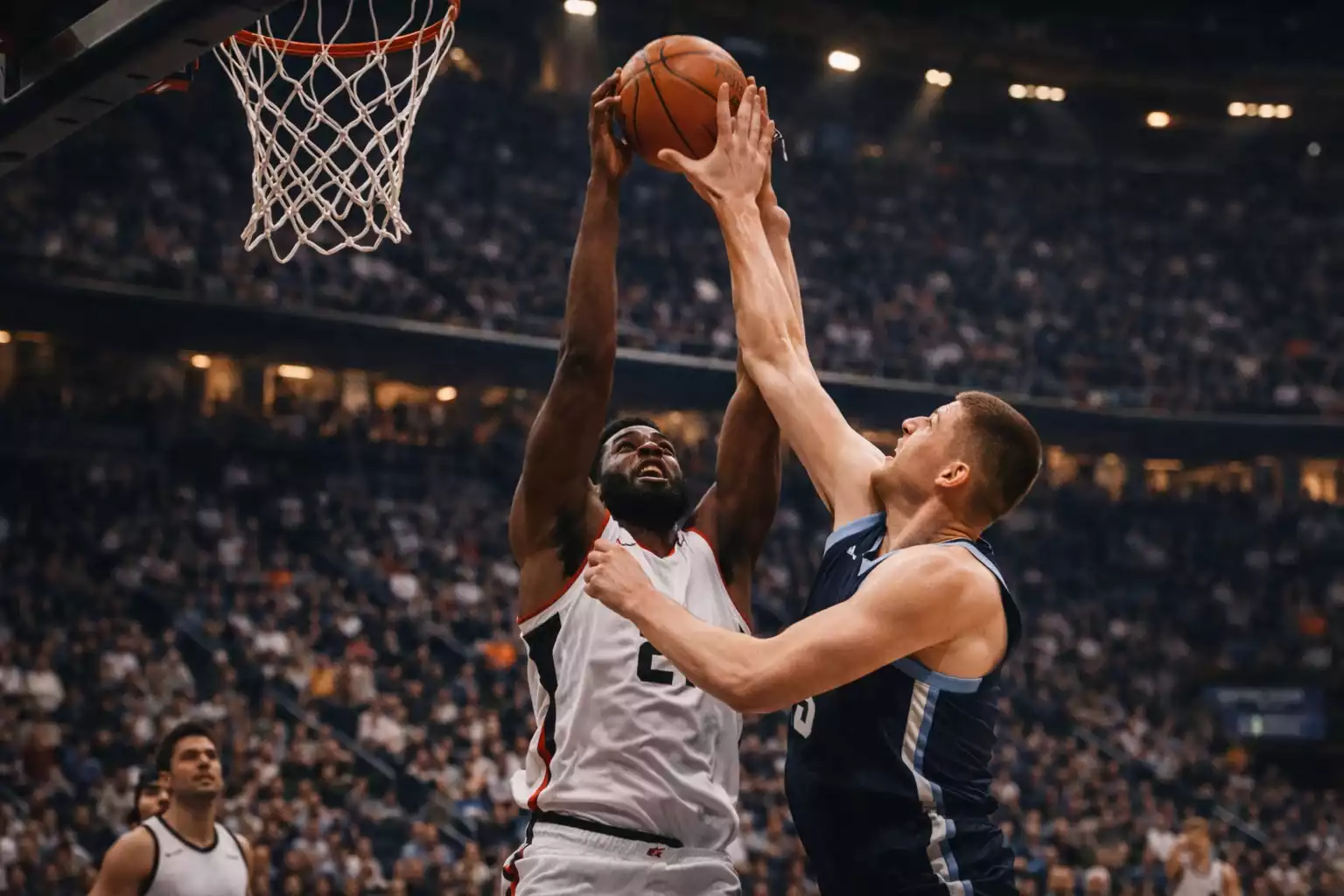 Zwei Center kämpfen unter dem Korb um einen Rebound
