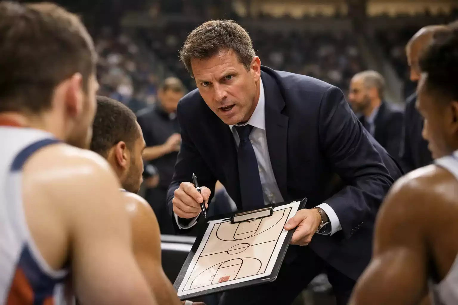 Basketballtrainer bespricht Taktik mit Spielern während einer Auszeit