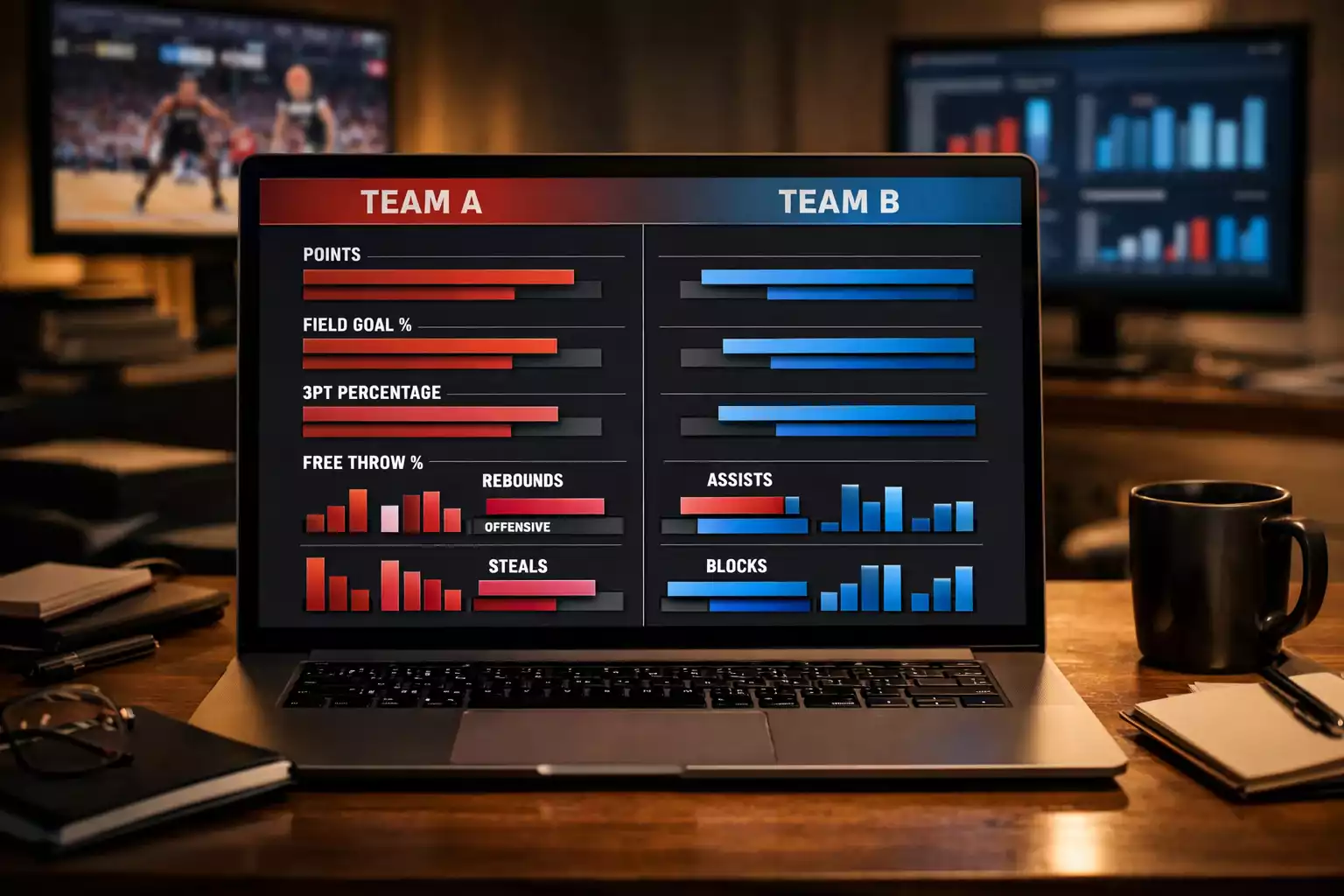Vergleichende Teamstatistiken auf einem Analysebildschirm