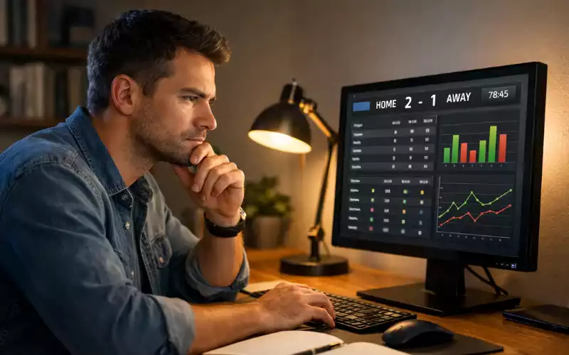 Konzentrierter Mann studiert Sportdaten auf dem Computerbildschirm