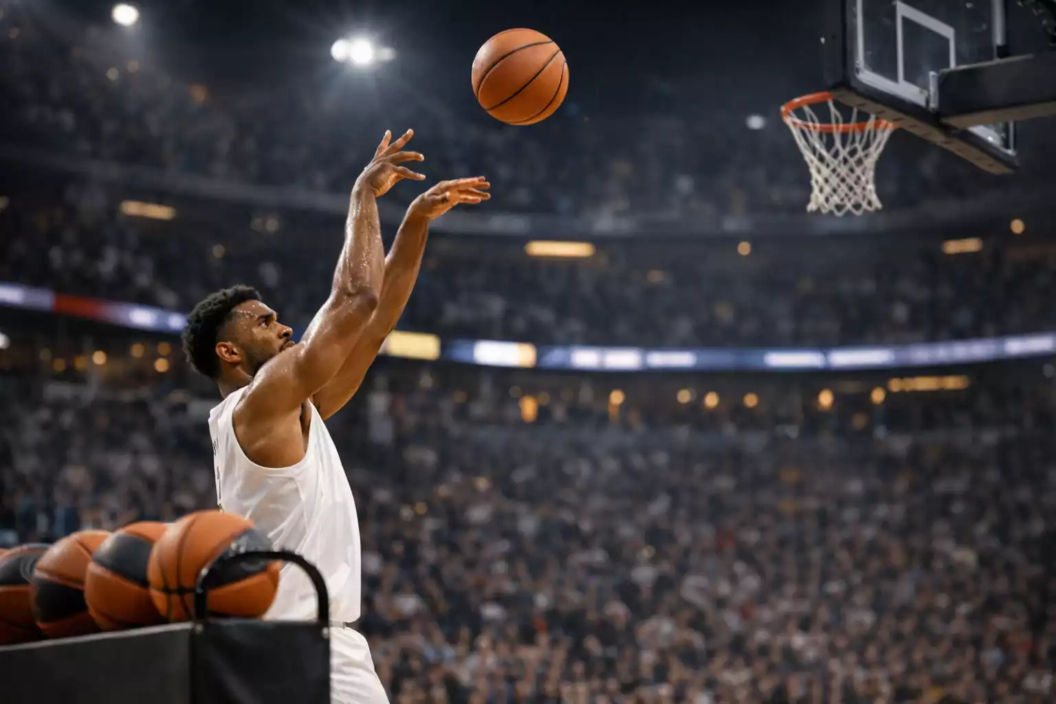 NBA-Spieler beim Three-Point Contest mit Wurf in der Bewegung