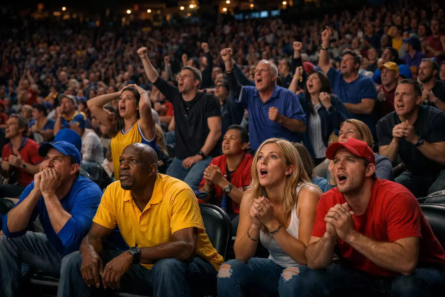 Angespannte NBA-Fans in der Arena während eines dramatischen Finals-Moments
