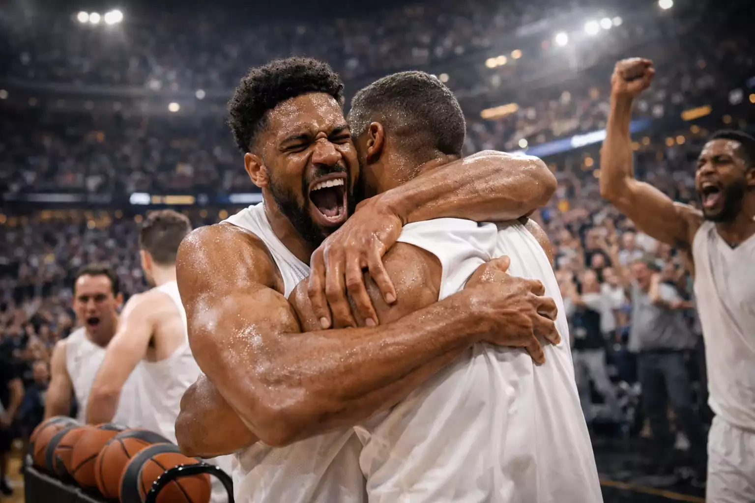 NBA-Spieler jubeln emotional nach entscheidendem Spielgewinn in den Finals