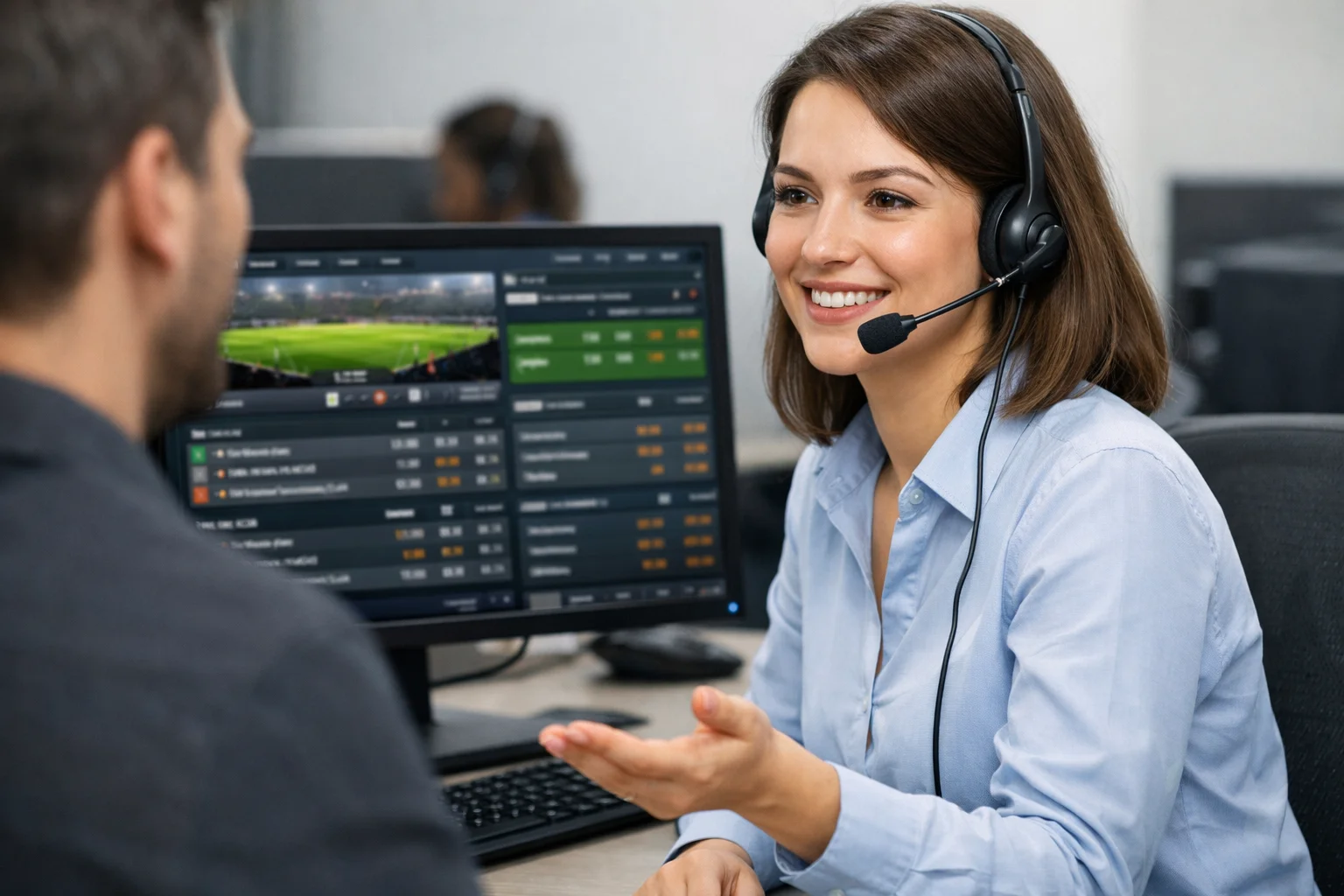 Kundenservice-Mitarbeiter hilft bei Fragen zu Sportwetten