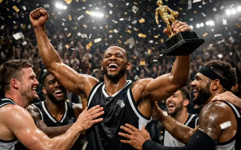 Basketballspieler wird von Fans und Teammitgliedern gefeiert