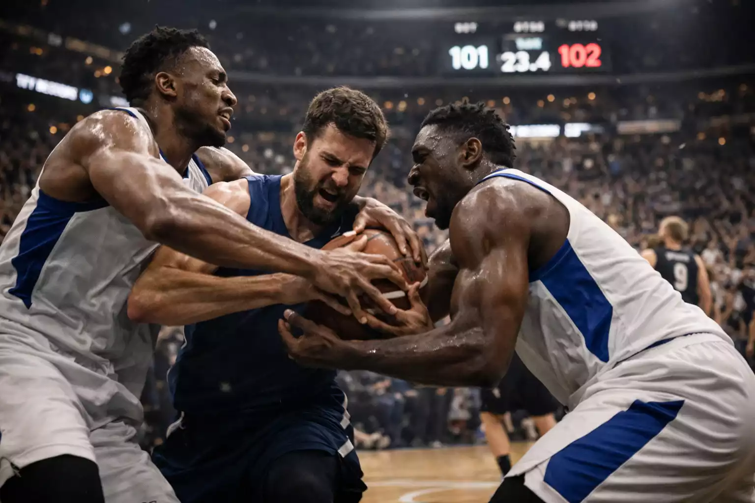 Enges NBA-Playoff-Spiel mit angespannten Spielern und Fans