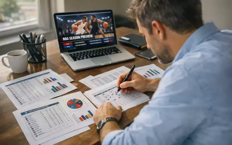 Sportjournalist studiert NBA-Saisonplan und Teamstatistiken