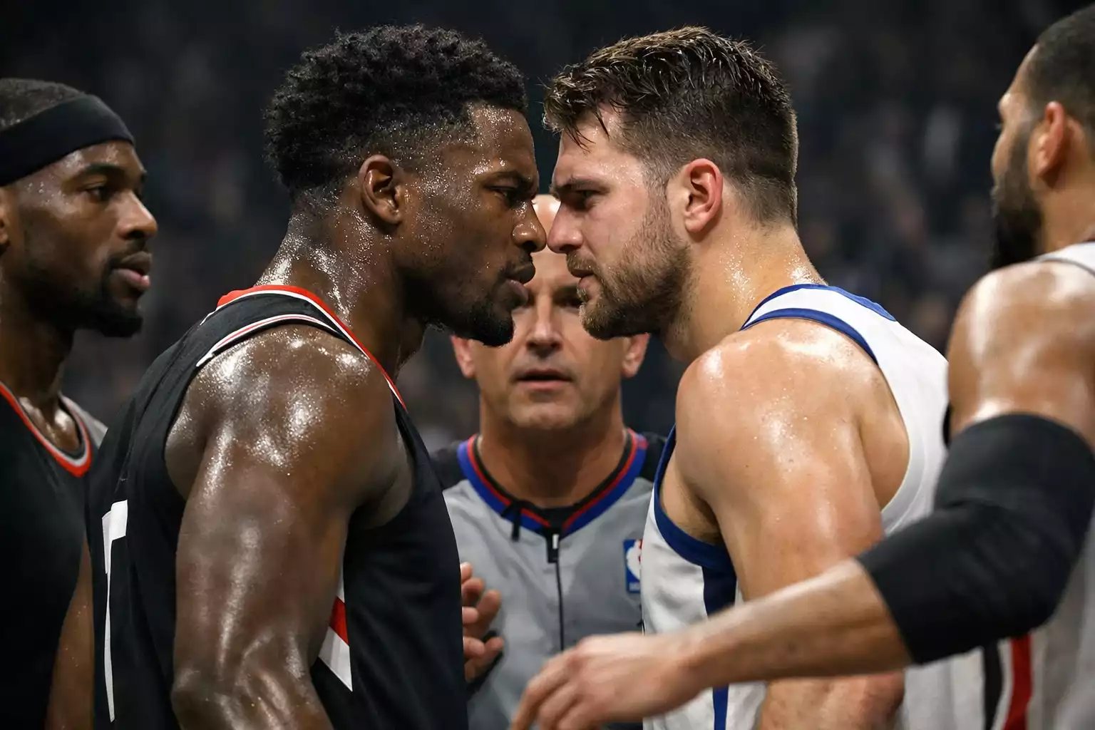 Zwei NBA-Spieler in intensiver Konfrontation während eines Rivalry-Spiels