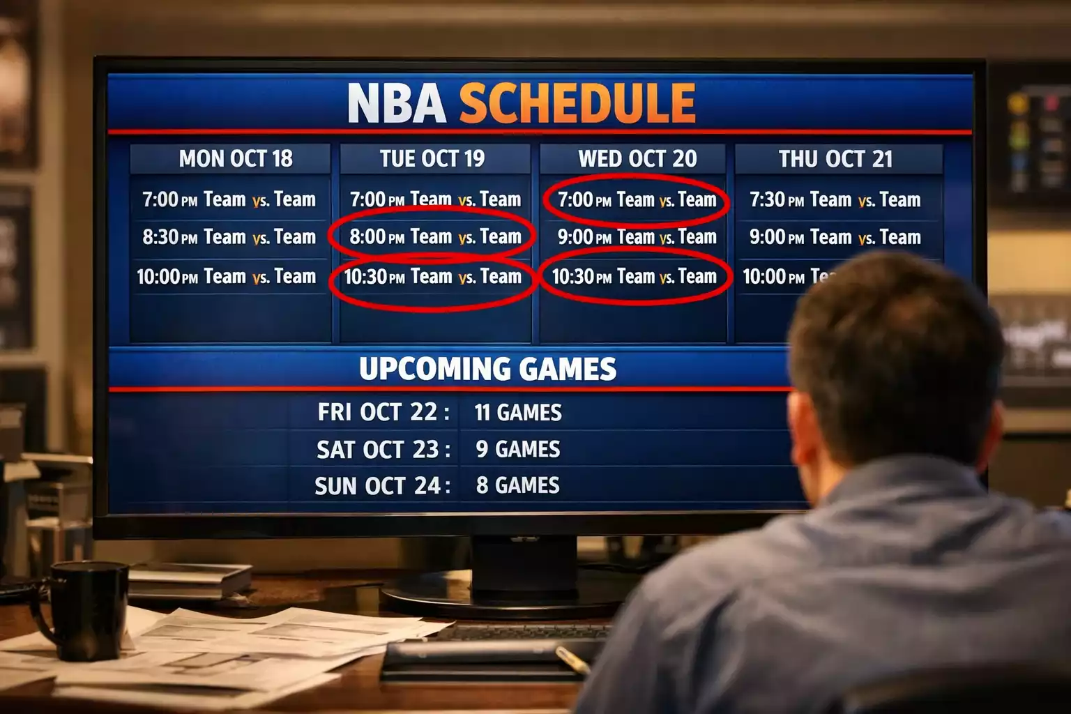 NBA-Spielplan auf einem Bildschirm mit markierten Back-to-Back-Spielen