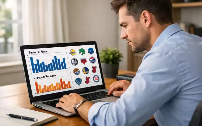 Person analysiert Basketball-Statistiken auf einem Laptop