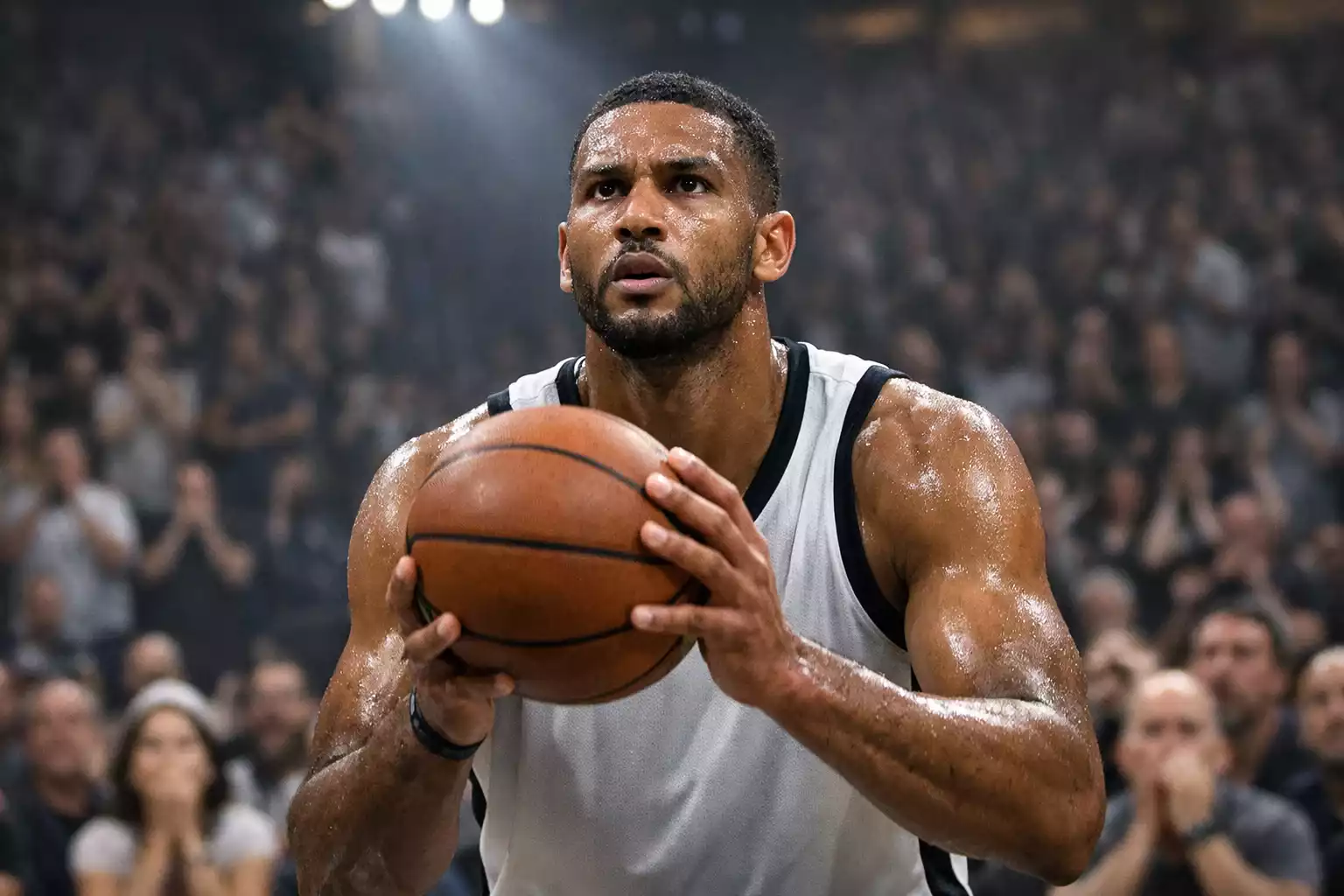 Konzentrierter NBA-Star vor einem Playoff-Freiwurf mit intensivem Fokus