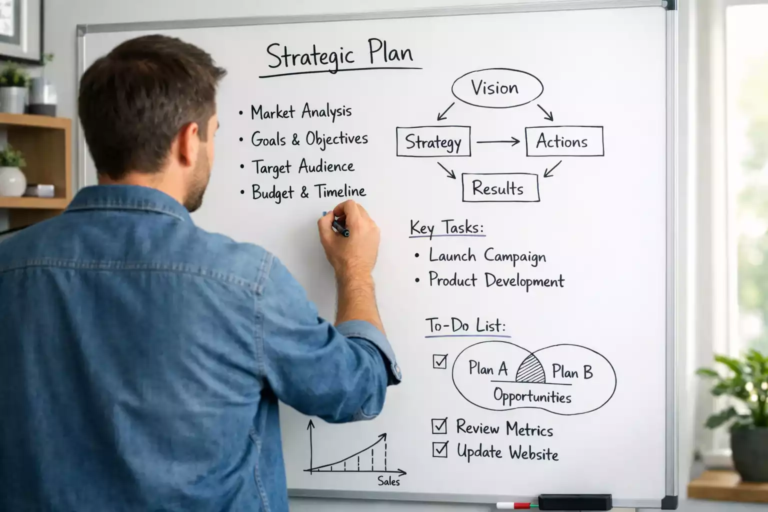Person plant Wettstrategie mit Notizen auf einem Whiteboard