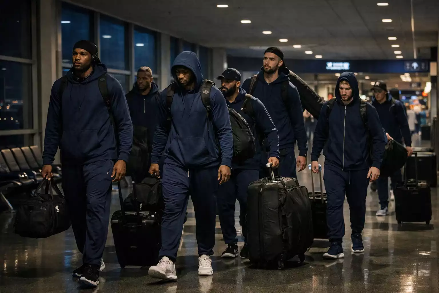 Basketballteam am Flughafen auf dem Weg zum nächsten Spiel
