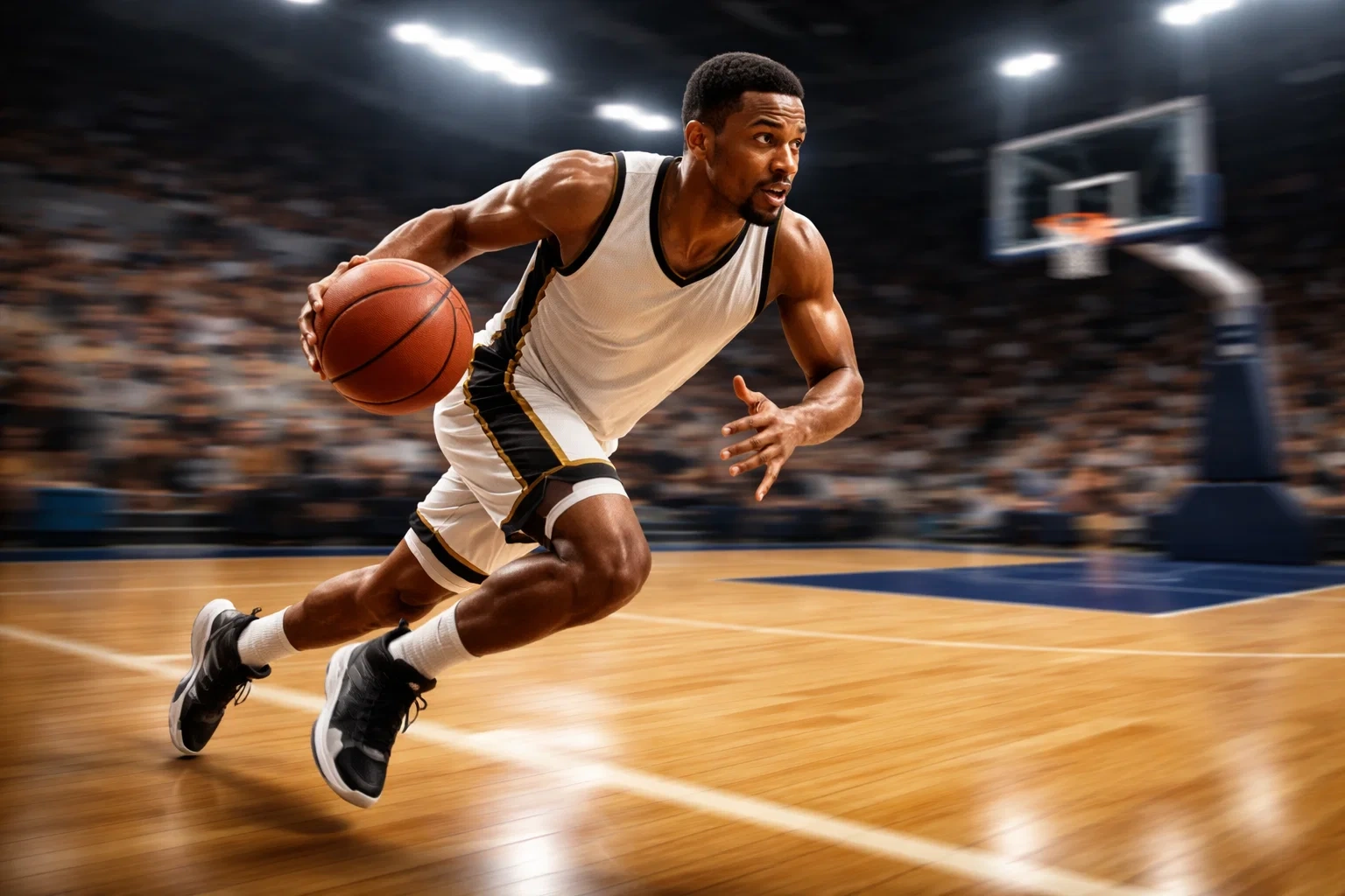 Basketballspieler beim schnellen Gegenangriff auf dem Spielfeld