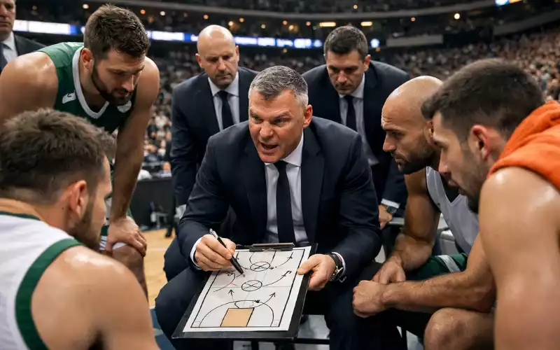 EuroLeague-Trainer gibt taktische Anweisungen während einer Auszeit