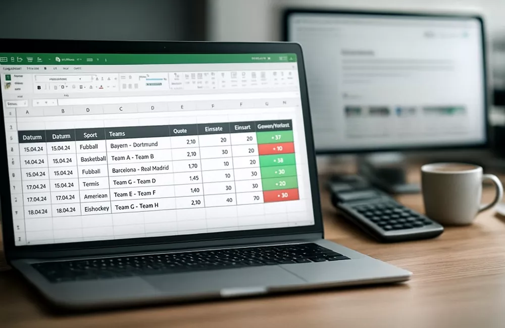 Wett-Dokumentation Tools - Excel Tabelle mit Datum, Sport, Teams, Quote, Einsatz und Gewinn-Verlust Tracking